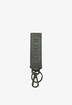 Lanière en tissu gris pour porte-clés avec "BRAND" embossé, attachée à un anneau métallique et un mousqueton pivotant noir.