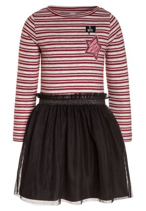 Robe à manches longues rayée rouge et blanche avec une jupe en tulle noir, un patch étoile rose et un détail scintillant à la taille. Matière en coton doux.