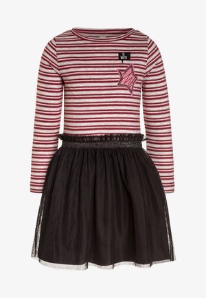 Vestido de manga larga con rayas rojas y blancas, falda de tul negra, parche de estrella rosa y detalle brillante en la cintura. Material de algodón suave.