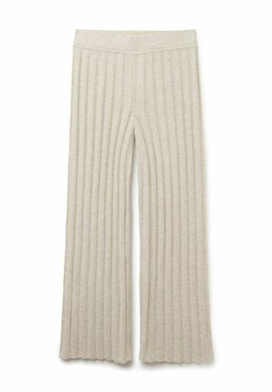 Pantalons larges beige clair en tissu doux et côtelé. Dotés d'une taille haute et d'une jambe évasée avec un bord festonné.