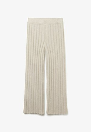 Helle beige weit geschnittene Hose aus weichem, geripptem Stoff. Verfügt über einen hohen Taillenbund und einen ausgestellten Saum mit gewelltem Rand.