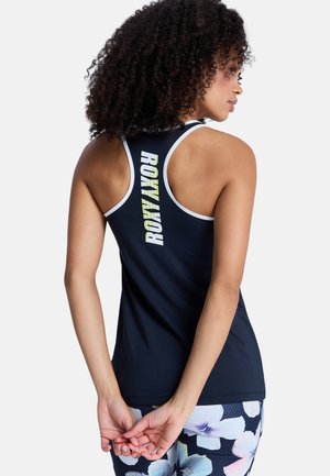 Czarny top na ramiączkach typu racerback z białymi akcentami, na plecach pionowe logo "ROXY" w neonowo żółtym kolorze; wykonany z gładkiego, rozciągliwego materiału.