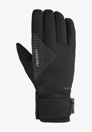 Black winter glove made of soft, water-resistant material. Features a textured grip design with a diagonal pattern and adjustable strap at wrist.