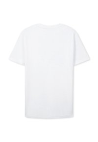 Maglietta bianca in cotone con maniche corte, collo rotondo, vestibilità rilassata, texture liscia, senza motivi, con dettagli di cucitura lungo le cuciture.