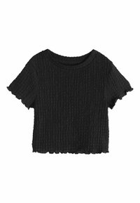 Must cropped top koos tekstureeritud krimplikujundusega, ümmarguse kaelusega ja lühikeste volangidega varrukatega. Pehme kangas ja lahtine lõige.