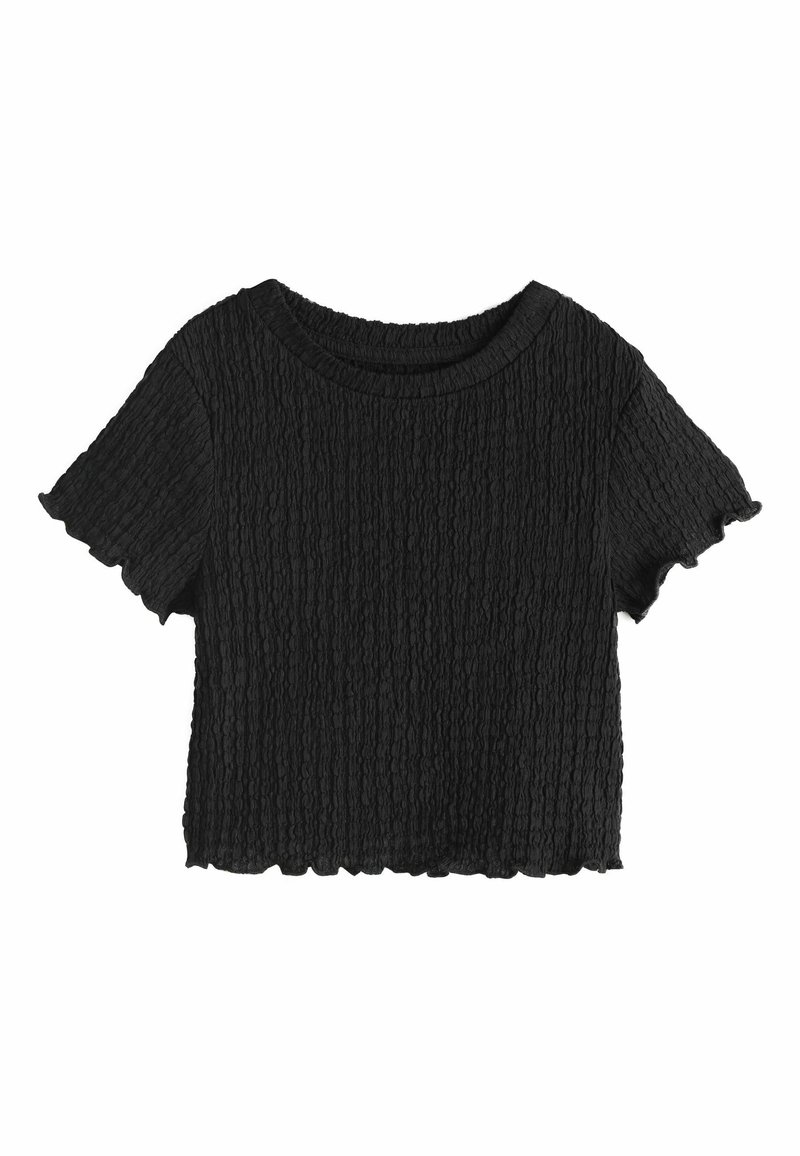 Must cropped top koos tekstureeritud krimplikujundusega, ümmarguse kaelusega ja lühikeste volangidega varrukatega. Pehme kangas ja lahtine lõige.