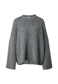 Grauer Strickpullover mit Rundhalsausschnitt, überschnittenen Schultern und lockerer Passform. Weiche Textur und durchgehendes Rippdesign.