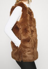 Gilet in finta pelliccia marrone con colletto alto, caratterizzato da una texture morbida e da un design aderente. Il gilet presenta tasche laterali ed è indossato sopra una maglietta bianca a maniche lunghe.