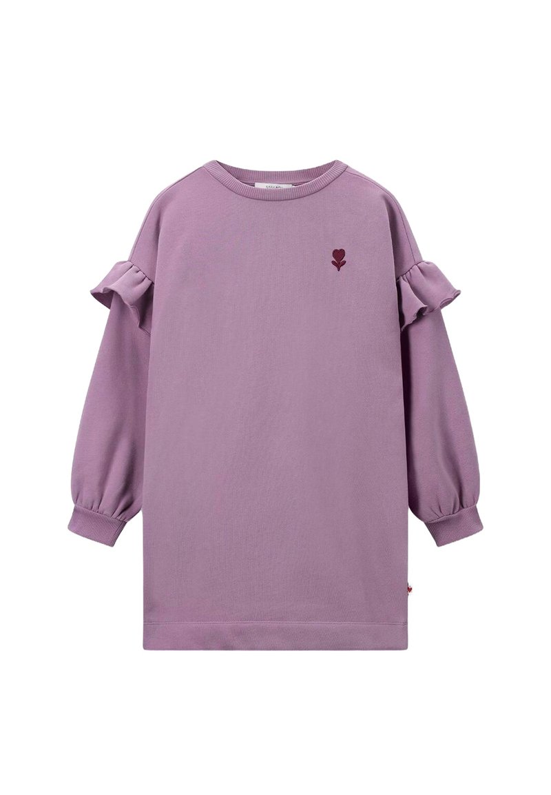 Robe mauve à manches longues avec des détails de manches volantes. Présente une petite broderie florale bordeaux. Fabriquée en tissu doux et extensible.