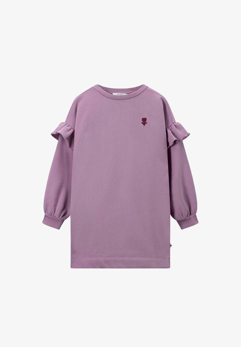 Robe mauve à manches longues avec des détails de manches volantes. Présente une petite broderie florale bordeaux. Fabriquée en tissu doux et extensible.