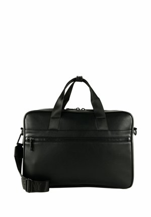 Schwarze Laptop-Tasche aus Leder mit doppelten Traggriffen, verstellbarem Schultergurt und vorderer Reißverschlusstasche. Glatte Textur und minimalistisches Design.