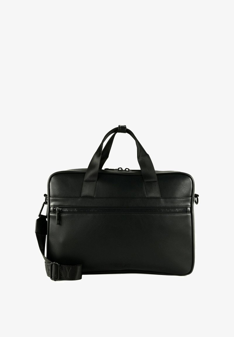 Black leather laptop bag with dual handles, adjustable shoulder strap, and front zippered pocket. Smooth texture and minimalistic design.