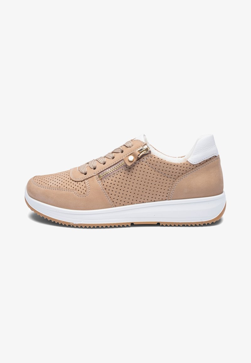 Beige perforated leather sneaker with white padded heel, beige laces, side zipper, and white rubber sole with tan tread.