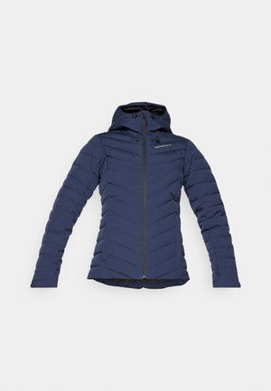 Navy puffer jacket with a hood, zip closure, chevron stitching pattern, and elastic cuffs for insulation and fit. Lightweight and textured fabric.