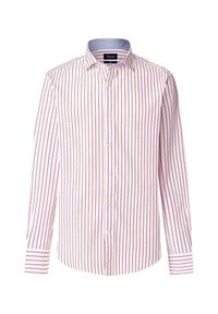 Chemise blanche à boutons, ornée de rayures verticales rouges, dotée d'un col classique et de longues manches avec des poignets rayés et des détails de boutons.