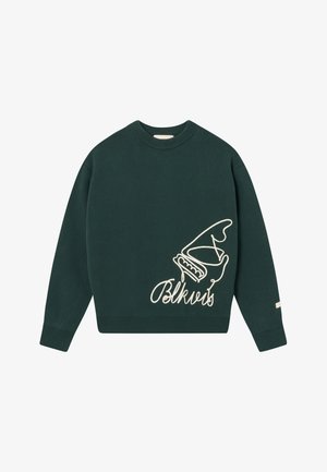 Grøn striktrøje med rund halsudskæring, ribbede manchetter og kant. Har hvid broderi af en hånd og ordet "Blkvis."