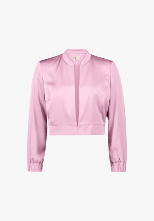 Geknipte jas in zachte roze satijn, met een mandarinenkraag, lange mouwen en een rechte zoom. Gladde textuur met minimale details.