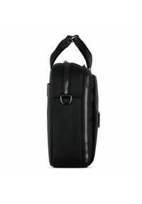 Sac rectangulaire noir avec une surface texturée, deux zips, une bandoulière réglable et une boucle latérale pour attache.