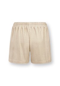 Beige gemusterte Shorts mit einem elastischen Bund, die ein dezentes Diamantdesign und eine weiche Textur aufweisen. Lockere Passform mit genähten Säumen.