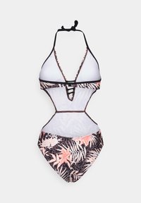 Két részes bikini, fehér felsővel, amely kulcslyuk formájú kivágással rendelkezik, és sötét színű alsóval, pink trópusi virágmintákkal és fekete részletekkel.