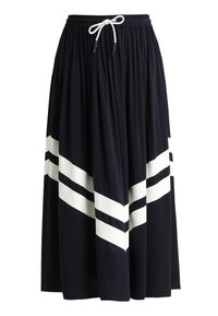 Marineblå nederdel lavet af let stof, med hvide skrå striber og en elastisk talje med en hvid snor.