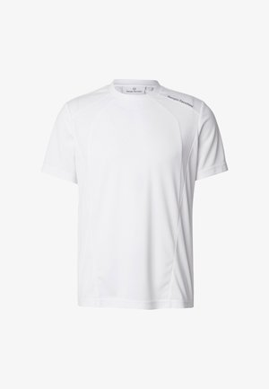 Maglietta sportiva bianca a maniche corte con scollo tondo e logo "Sergio Tacchini" sulla spalla destra.