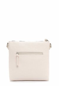 Borsa a tracolla in pelle sintetica color crema con superficie testurizzata, chiusura superiore con zip e una tasca frontale con zip per ulteriore spazio di archiviazione.