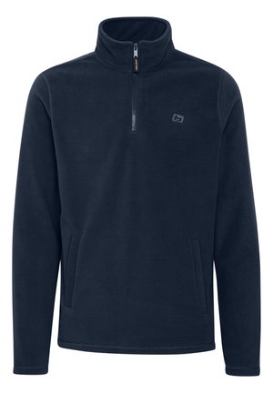 Dark navy fleece pullover with a quarter-zip design, two side pockets, and a small logo on the chest. Soft texture and long sleeves.