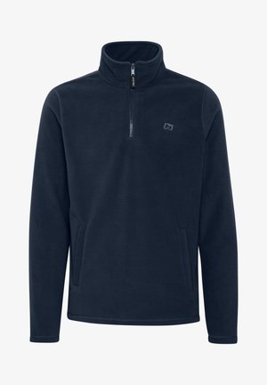 Dark navy fleece pullover with a quarter-zip design, two side pockets, and a small logo on the chest. Soft texture and long sleeves.