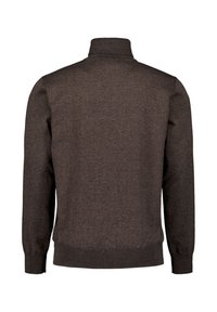 Bruine gebreide trui met een hoge kraag, lange mouwen en ribbelmanchetten. De textuur is glad met een subtiel patroon door het geheel.