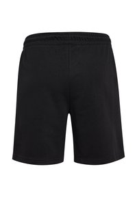 Zwarte shorts gemaakt van zachte stof met een elastische tailleband. Heeft een eenvoudig, gestroomlijnd ontwerp en een rechte snit aan de zoom.