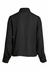 Sort langærmet skjorte med en glat tekstur, klassisk krave og kontrasterende syninger langs ærmerne og kanten.