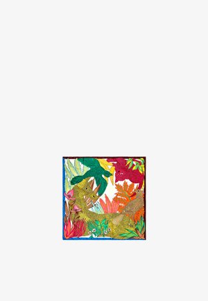 Colorful fabric art featuring green and red birds among vibrant tropical leaves. Detailed textures in foliage and animal designs.
