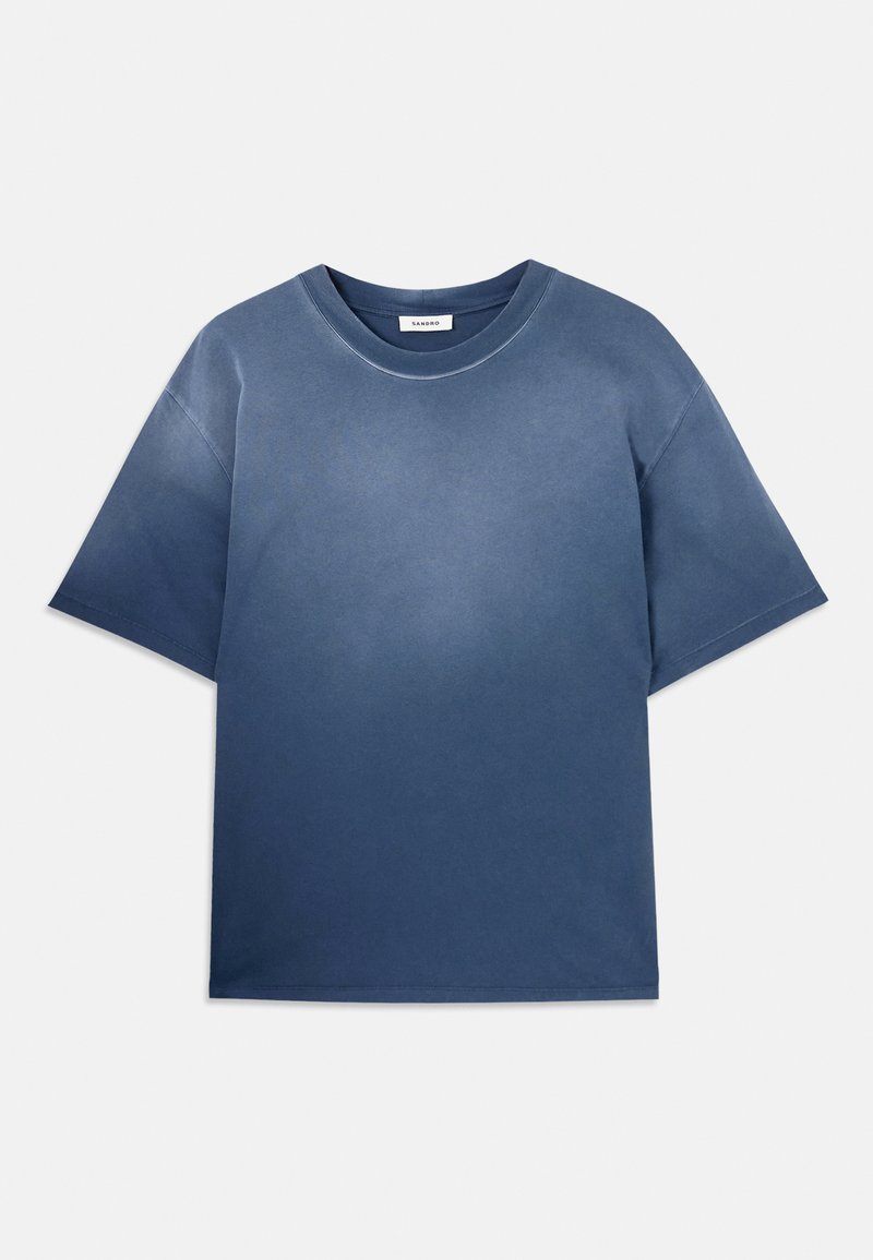 Blaues Baumwoll-T-Shirt mit lockerer Passform, kurzen Ärmeln, Rundhalsausschnitt und weicher Textur. Verfügt über einen allmählichen Farbverlauf.