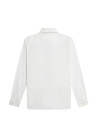 Camicia bianca a maniche lunghe con colletto classico, polsini con bottone e una texture liscia. La vista posteriore mostra due pieghe sulle spalle.