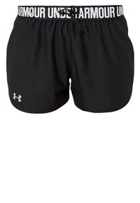 Svarta sportshorts med elastiskt midjeband som har vit "UNDER ARMOUR" branding. Tillverkade av slät tyg; inkluderar snörning för justering.