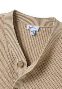 Beige gestrickte Strickjacke mit vertikalen Rippen, V-Ausschnitt und zwei Holzknöpfen. Beinhaltet ein Etikett mit der Größenangabe für Monate 24-30.