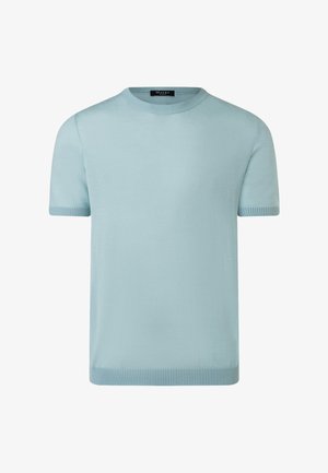 Hellblauer Strickpullover mit kurzen Ärmeln, geripptem Rundhalsausschnitt, Bündchen und Saum, vor einfarbigem Hintergrund präsentiert.