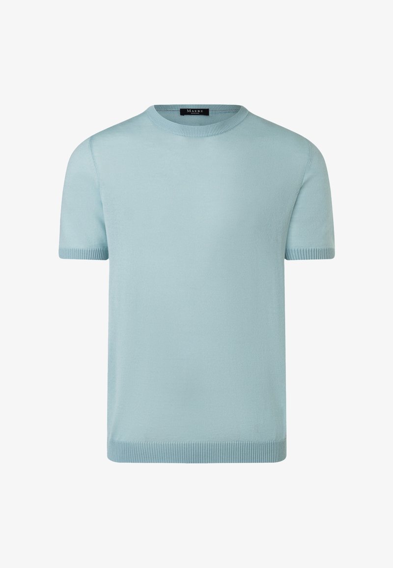 Pull en tricot à manches courtes bleu clair avec encolure ronde côtelée, poignets et ourlet, présenté sur un fond uni.