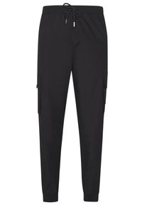 Zwarte cargobroek met een drawstring taille, zijzakken en taps toelopende boorden. Gemaakt van lichtgewicht stof met een gladde textuur.