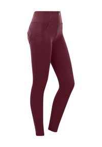 Leggings bordeaux realizzati in tessuto elasticizzato, con un alto punto vita, tasca con zip e cuciture laterali per un aspetto aderente.