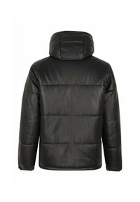 Sort puff jakke lavet af glat, blankt materiale. Har hætte, quiltet tekstur og elastiske mansjetter for et tætsiddende look.