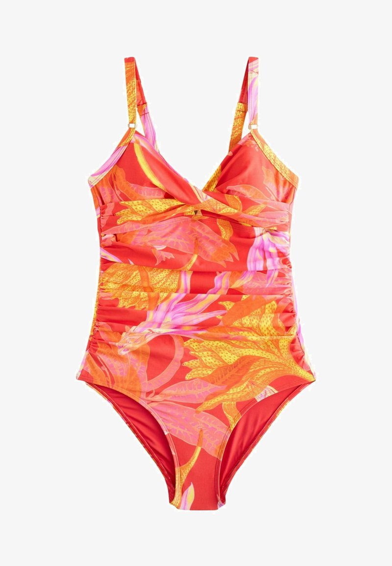 Maillot de bain une pièce à bretelles ajustables avec un motif de feuilles tropicales aux couleurs vives rouge, orange et rose, doté d'un design froncé à l'avant.