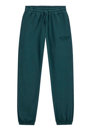 Türkise Jogginghose aus weichem Stoff, mit einem elastischen Bund und Kordelzug sowie seitlichen Taschen. Logo auf dem Bein gedruckt.