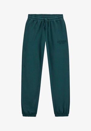 Tirkīza krāsas sporta bikses, kas izgatavotas no mīksta auduma, ar elastīgu jostasvietu un auklu, kā arī sānu kabatām. Uz kājas ir izdrukāts logo.