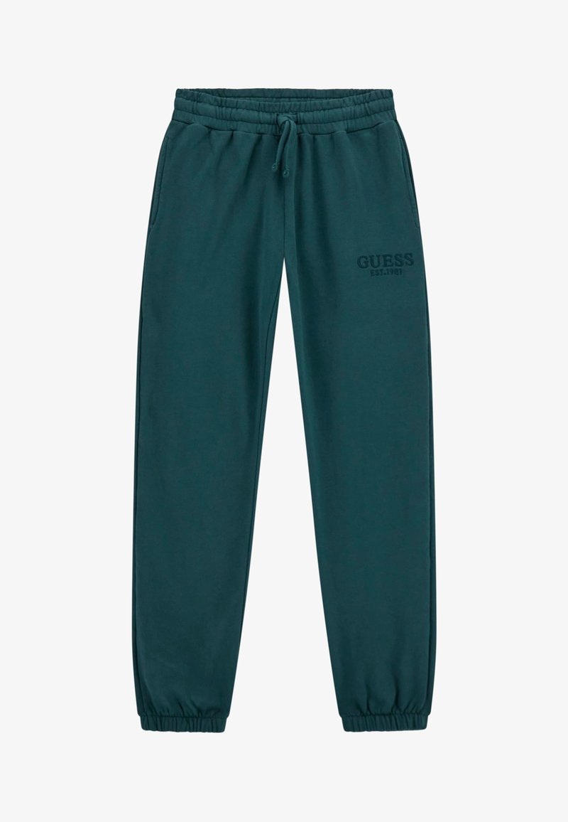 Türkise Jogginghose aus weichem Stoff, mit einem elastischen Bund und Kordelzug sowie seitlichen Taschen. Logo auf dem Bein gedruckt.