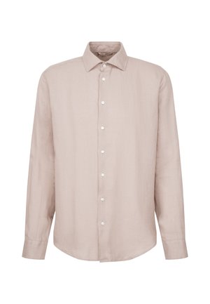 Koszula z długim rękawem, wykonana z jasnobeżowego lnu, z klasycznym kołnierzykiem, zapięciem na guziki z przodu oraz mankietami na rękawach. Gładka faktura, minimalistyczny design.