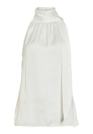 Biela bezrukávová saténová blúzka s vysokým riaseným golierom a asymetrickým drapovaným detailom na jednej strane.