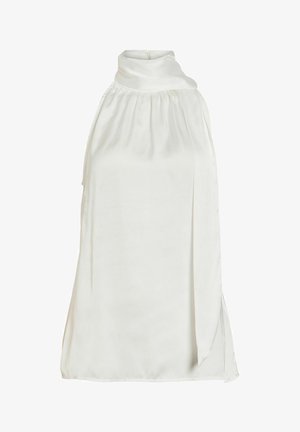 Biela bezrukávová saténová blúzka s vysokým riaseným golierom a asymetrickým drapovaným detailom na jednej strane.