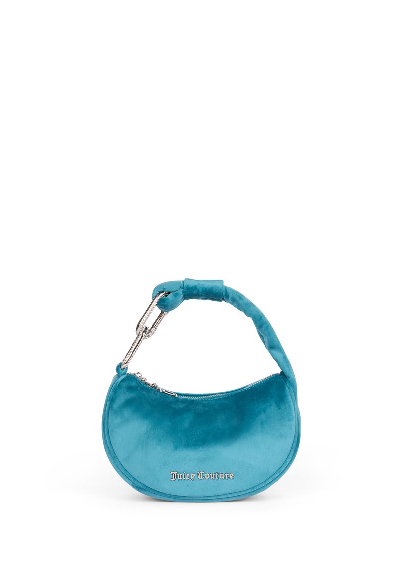 Borsa a forma di mezzaluna in velluto teal con manico attorcigliato e hardware in argento. Presenta il logo "Juicy Couture" sul davanti. Chiusura con zip.